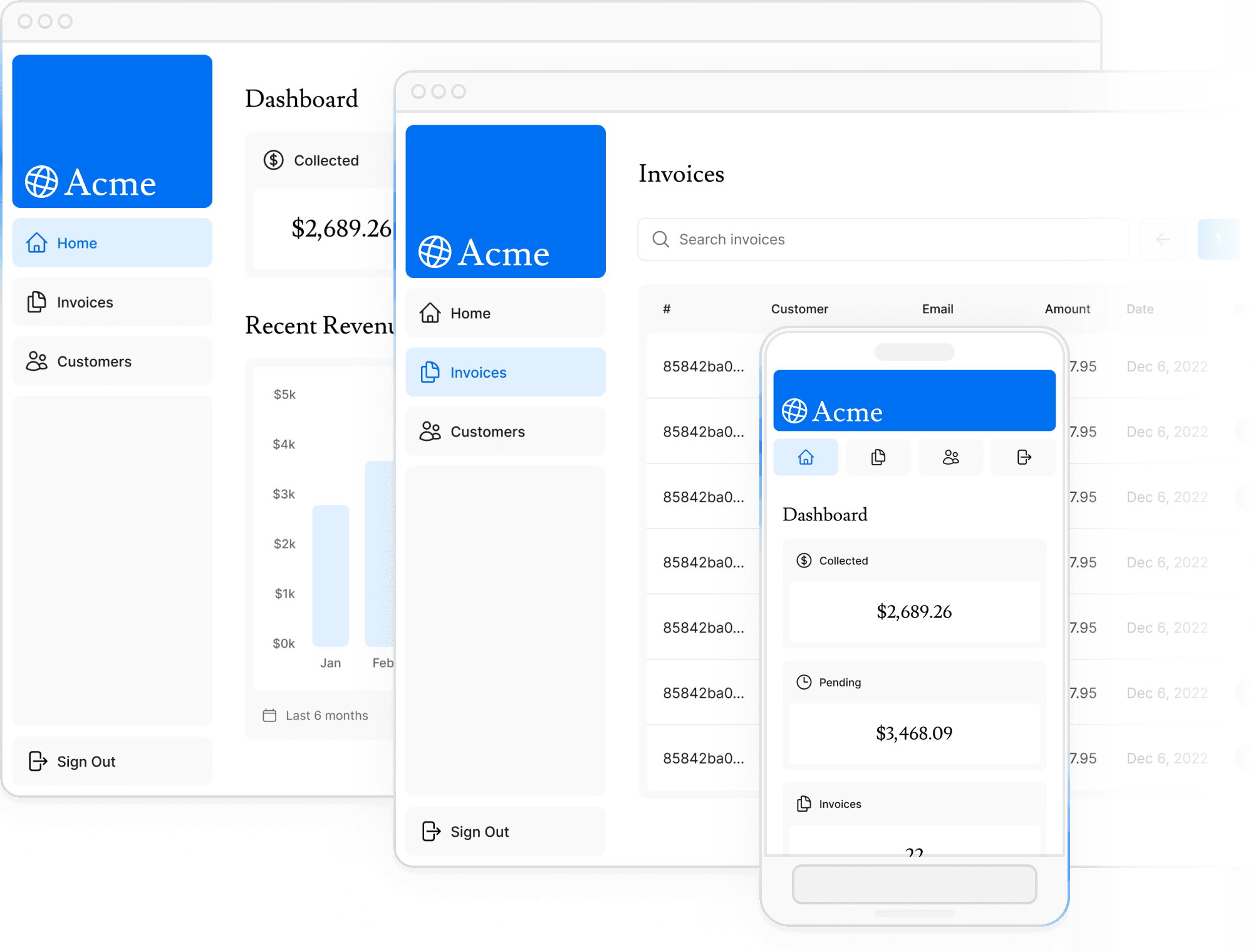 Screenshots of the dashboard project showing desktop and mobile versions